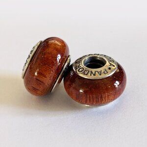 Set of Two Authentic Pandora Murapinga Wood Charm Beads